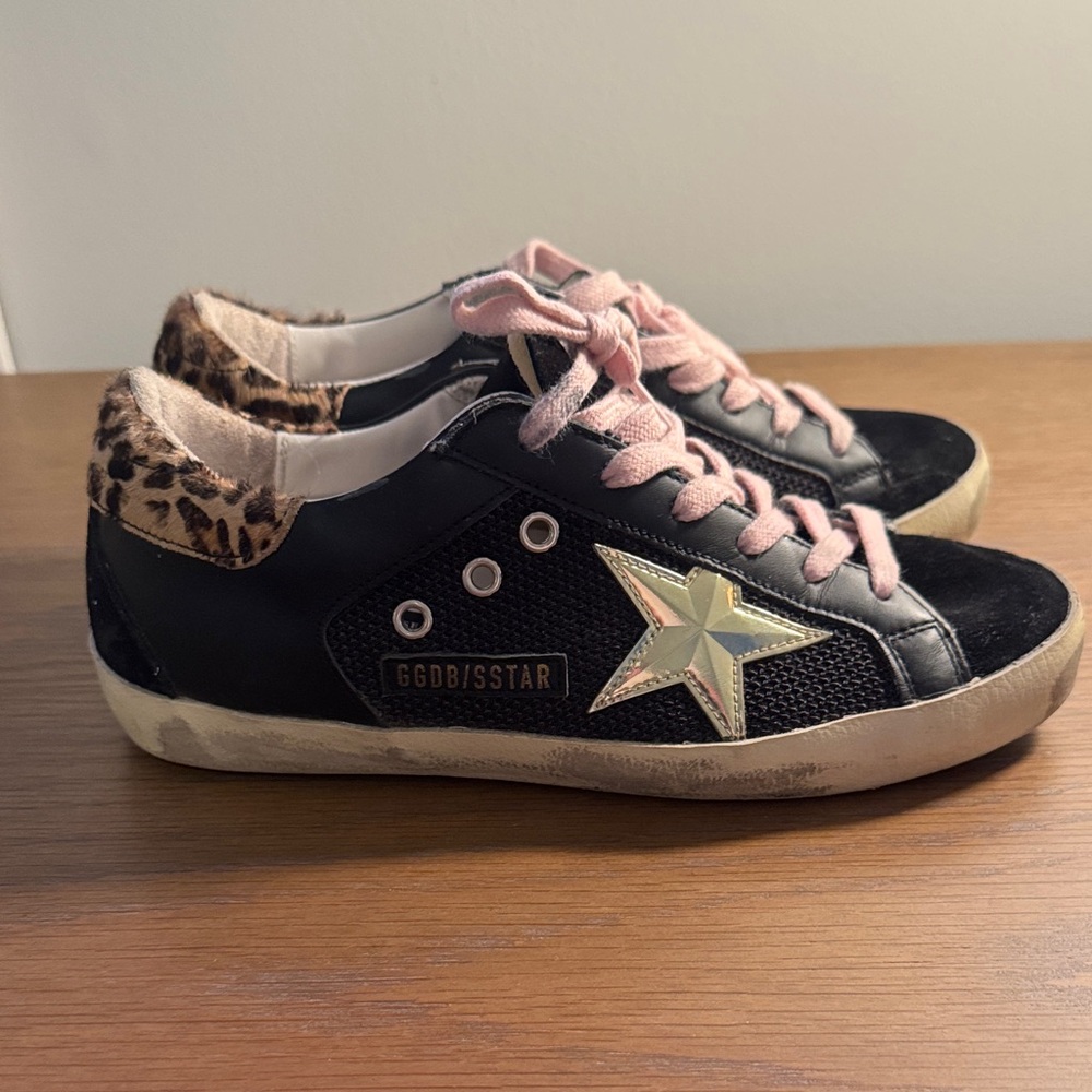 Golden Goose Super Star Black Sneakers with Leopard Print - Picture 1 of 6